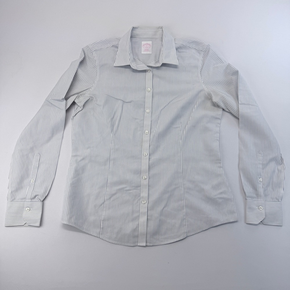 Brooks Brothers 1818 Tailored Fit Non-Iron Pinstripe Shirt Womens 10 Blue White